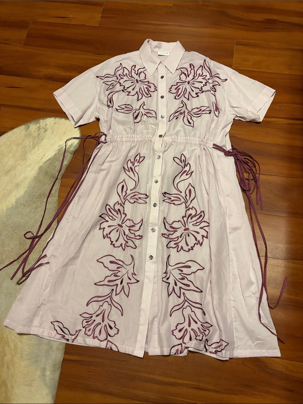 Megan Park Button-Front Pink Floral Embroidered Shirt Dress Sz M